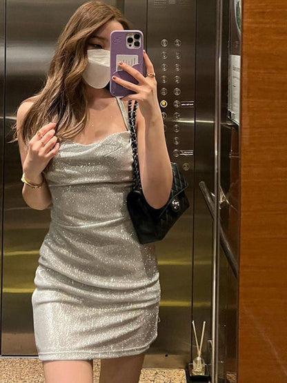 Disco Dresses- Disco Night Sparkle Party Bodycon Cowl Neck Mini Dress- Silver grey- Pekosa Women Fashion