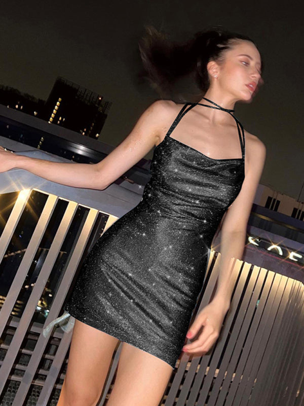 Disco Dresses- Disco Night Sparkle Party Bodycon Cowl Neck Mini Dress- - Pekosa Women Fashion