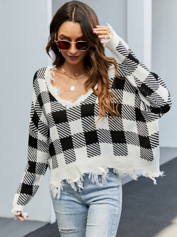 Distressed Knit Sweater- Plaid Frayed Knit V-Neck Drop Sleeve Sweater- - Pekosa Women Clothing