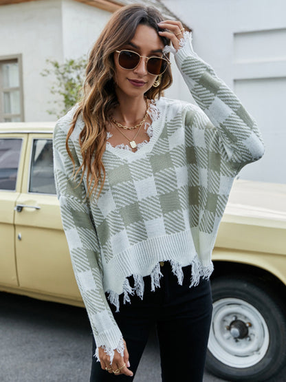 Distressed Knit Sweater- Plaid Frayed Knit V-Neck Drop Sleeve Sweater- Suit 4- Pekosa Women Clothing