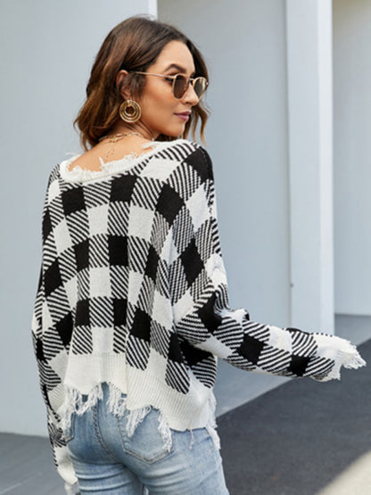 Distressed Knit Sweater- Plaid Frayed Knit V-Neck Drop Sleeve Sweater- - Pekosa Women Clothing