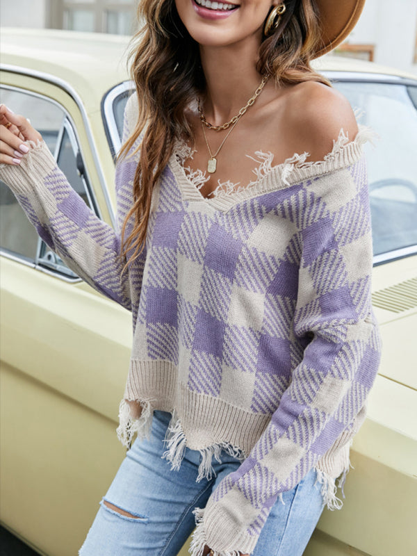 Distressed Knit Sweater- Plaid Frayed Knit V-Neck Drop Sleeve Sweater- - Pekosa Women Clothing