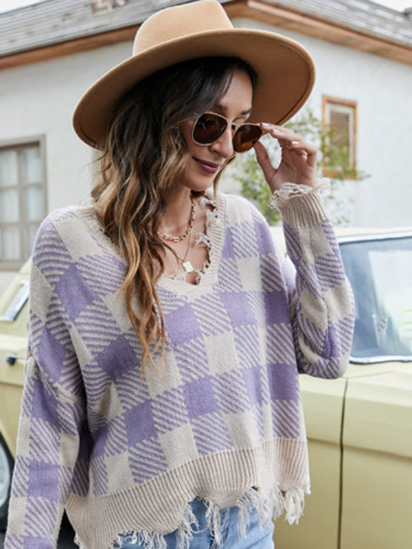 Distressed Knit Sweater- Plaid Frayed Knit V-Neck Drop Sleeve Sweater- - Pekosa Women Clothing