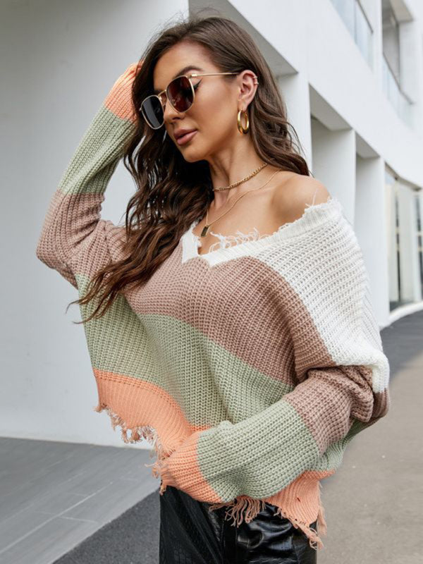 Distressed Knit Sweater- Plaid Frayed Knit V-Neck Drop Sleeve Sweater- - Pekosa Women Clothing