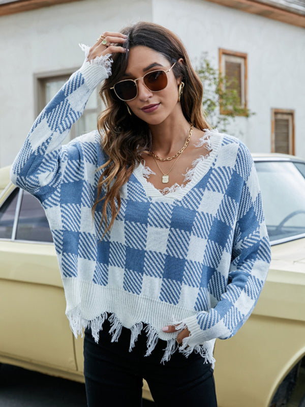 Distressed Knit Sweater- Plaid Frayed Knit V-Neck Drop Sleeve Sweater- - Pekosa Women Clothing