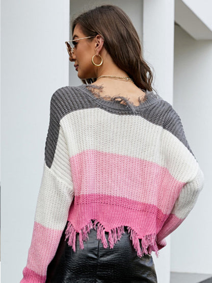 Distressed Knit Sweater- Plaid Frayed Knit V-Neck Drop Sleeve Sweater- - Pekosa Women Clothing