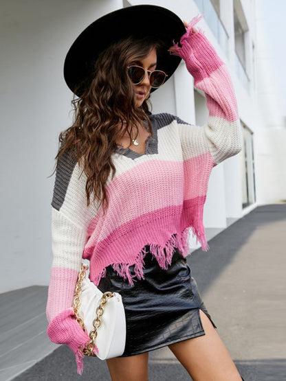 Distressed Knit Sweater- Plaid Frayed Knit V-Neck Drop Sleeve Sweater- - Pekosa Women Clothing