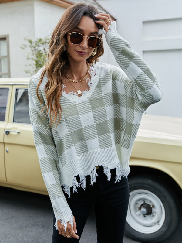 Distressed Knit Sweater- Plaid Frayed Knit V-Neck Drop Sleeve Sweater- - Pekosa Women Clothing