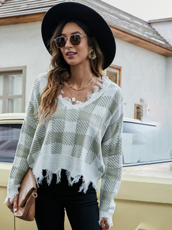 Distressed Knit Sweater- Plaid Frayed Knit V-Neck Drop Sleeve Sweater- - Pekosa Women Clothing