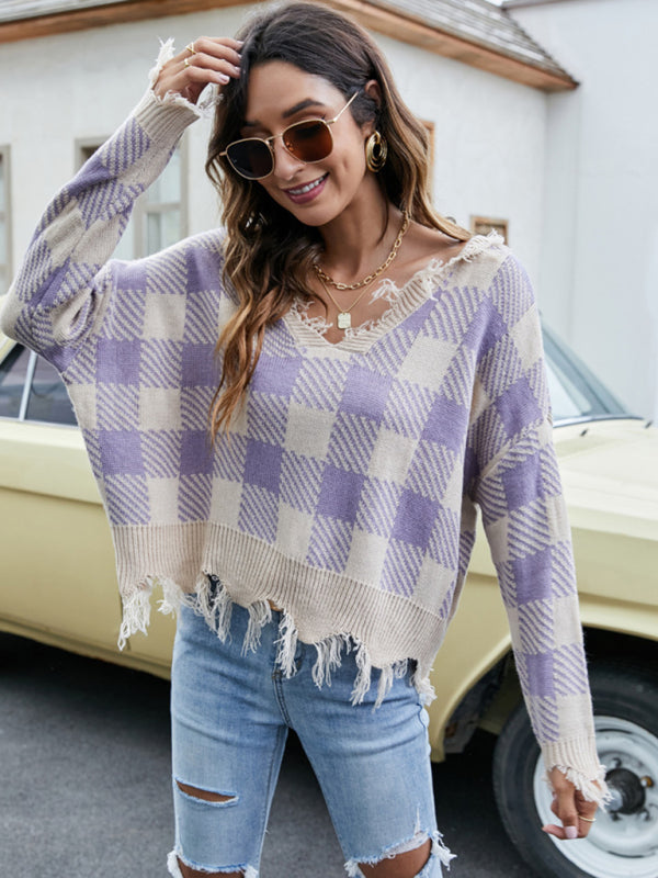 Distressed Knit Sweater- Plaid Frayed Knit V-Neck Drop Sleeve Sweater- Pattern1- Pekosa Women Clothing