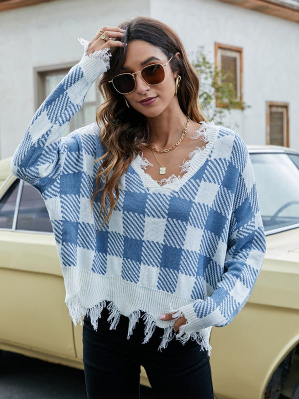 Distressed Knit Sweater- Plaid Frayed Knit V-Neck Drop Sleeve Sweater- Pattern2- Pekosa Women Clothing