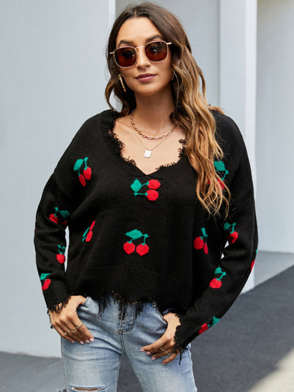Distressed Sweater- Women’s Cherry Ripped knit Sweater- Suit 4- Pekosa Women Clothing