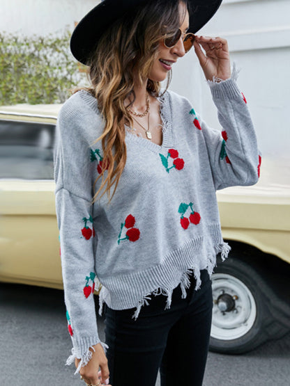 Distressed Sweater- Women’s Cherry Ripped knit Sweater- - Pekosa Women Clothing