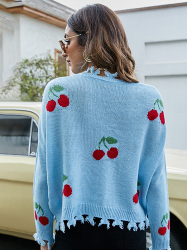 Distressed Sweater- Women’s Cherry Ripped knit Sweater- - Pekosa Women Clothing
