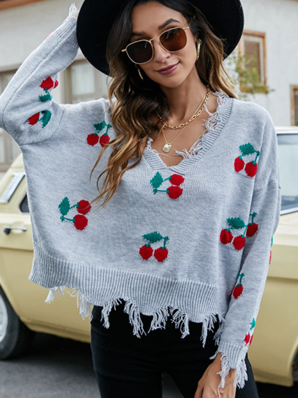 Distressed Sweater- Women’s Cherry Ripped knit Sweater- Pattern1- Pekosa Women Clothing