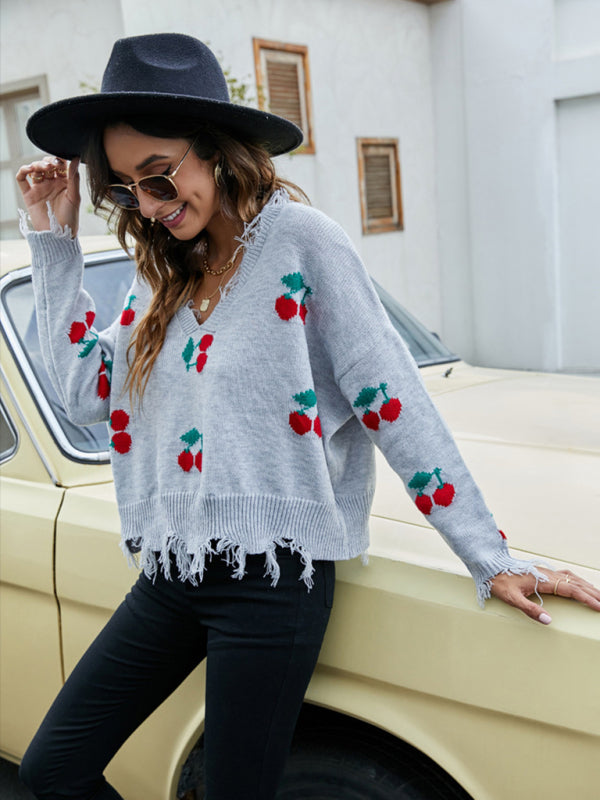 Distressed Sweater- Women’s Cherry Ripped knit Sweater- - Pekosa Women Clothing