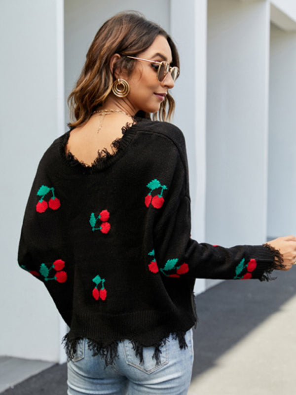 Distressed Sweater- Women’s Cherry Ripped knit Sweater- - Pekosa Women Clothing