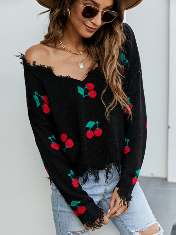 Distressed Sweater- Women’s Cherry Ripped knit Sweater- - Pekosa Women Clothing