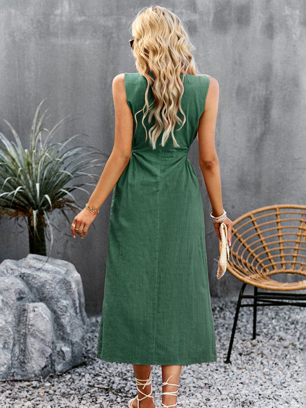 Dress- A-Line Tank Midi Dress with Side Leg Slit, Crew Neck & Cutout Torso- - Pekosa Women Clothing