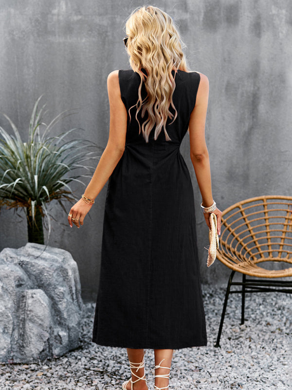 Dress- A-Line Tank Midi Dress with Side Leg Slit, Crew Neck & Cutout Torso- - Pekosa Women Clothing