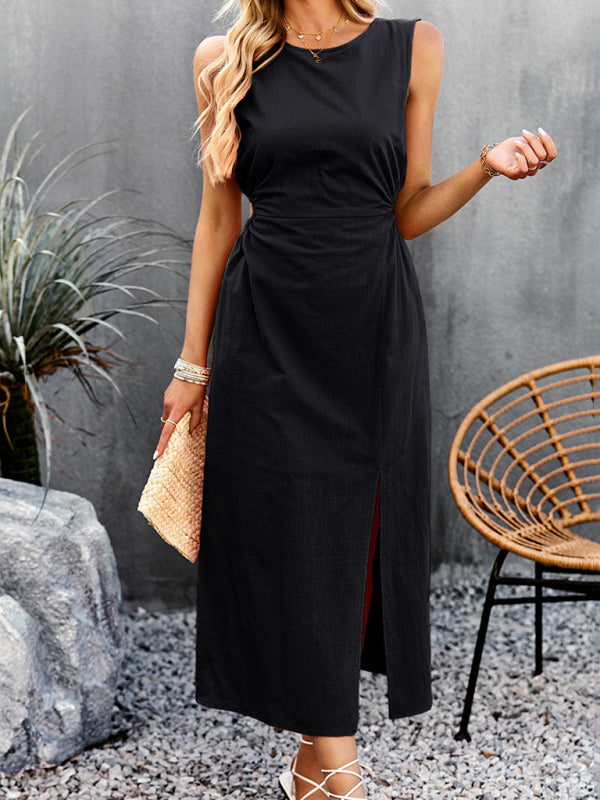 Dress- A-Line Tank Midi Dress with Side Leg Slit, Crew Neck & Cutout Torso- - Pekosa Women Clothing