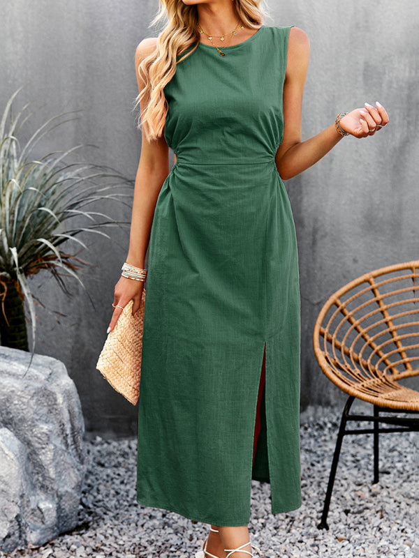 Dress- A-Line Tank Midi Dress with Side Leg Slit, Crew Neck & Cutout Torso- Green- Pekosa Women Clothing