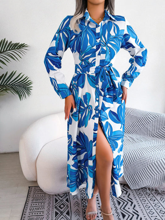 Dress- Abstract Print A-line Tie-Belt Long Shirt Dress with Long Sleeves- Blue- Pekosa Women Clothing