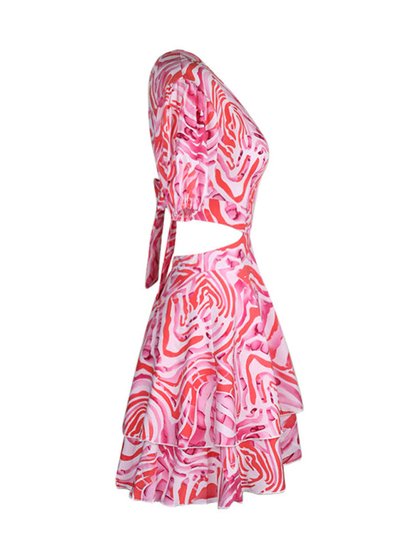 Dress- Abstract Print Puff Sleeves Open Back Dress- - Pekosa Women Clothing