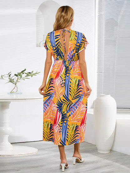 Dress- All Print Surplice V neck Elastic Waist Midi Dress- - Pekosa Women Clothing