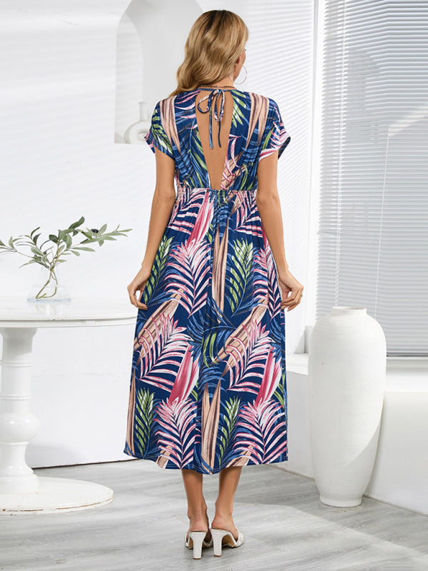 Dress- All Print Surplice V neck Elastic Waist Midi Dress- - Pekosa Women Clothing