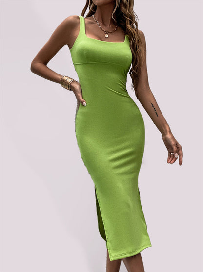 Dress- Be Bold in Our Sexy Square Neck Bodycon Midi Dress!- Green- Pekosa Women Clothing