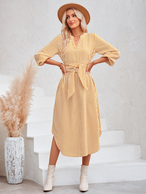 Dress- Bishop Sleeve V-Neck Striped Midi Dress with Curved Hem- - Pekosa Women Clothing