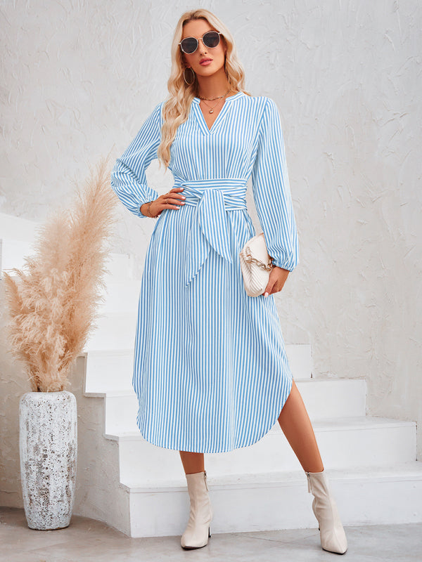 Dress- Bishop Sleeve V-Neck Striped Midi Dress with Curved Hem- Blue- Pekosa Women Clothing