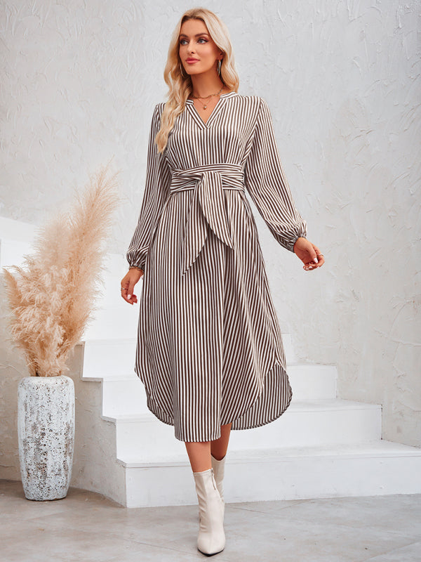 Dress- Bishop Sleeve V-Neck Striped Midi Dress with Curved Hem- - Pekosa Women Clothing