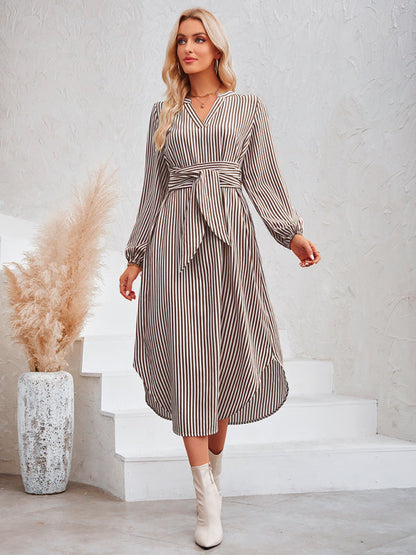 Dress- Bishop Sleeve V-Neck Striped Midi Dress with Curved Hem- - Pekosa Women Clothing