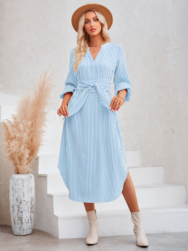 Dress- Bishop Sleeve V-Neck Striped Midi Dress with Curved Hem- - Pekosa Women Clothing