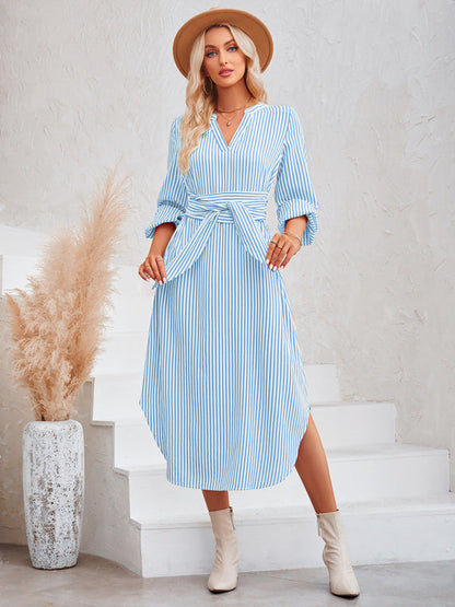 Dress- Bishop Sleeve V-Neck Striped Midi Dress with Curved Hem- - Pekosa Women Clothing