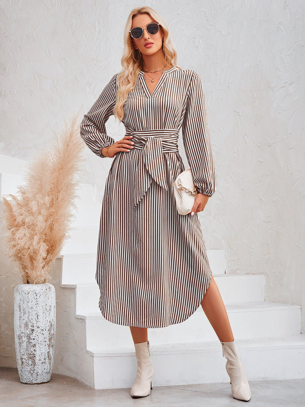 Dress- Bishop Sleeve V-Neck Striped Midi Dress with Curved Hem- - Pekosa Women Clothing