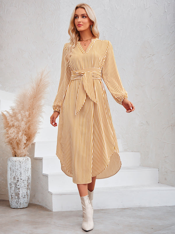 Dress- Bishop Sleeve V-Neck Striped Midi Dress with Curved Hem- - Pekosa Women Clothing