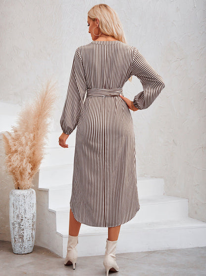 Dress- Bishop Sleeve V-Neck Striped Midi Dress with Curved Hem- - Pekosa Women Clothing