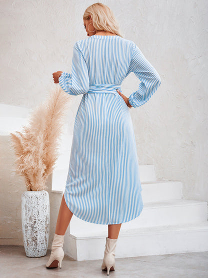 Dress- Bishop Sleeve V-Neck Striped Midi Dress with Curved Hem- - Pekosa Women Clothing