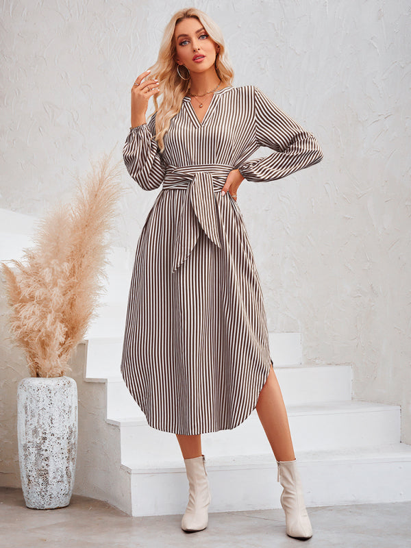 Dress- Bishop Sleeve V-Neck Striped Midi Dress with Curved Hem- Coffee- Pekosa Women Clothing