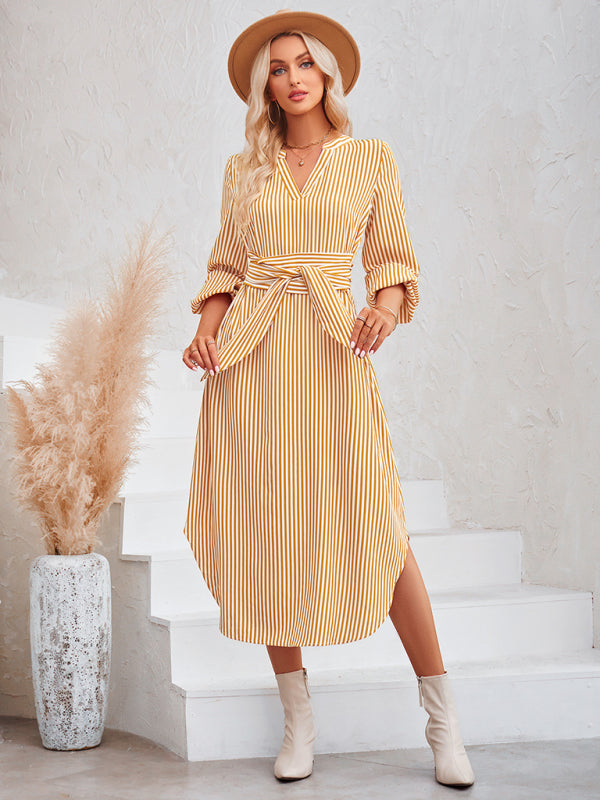 Dress- Bishop Sleeve V-Neck Striped Midi Dress with Curved Hem- - Pekosa Women Clothing