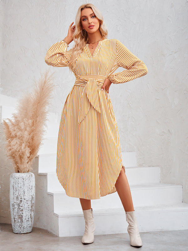 Dress- Bishop Sleeve V-Neck Striped Midi Dress with Curved Hem- Yellow- Pekosa Women Clothing