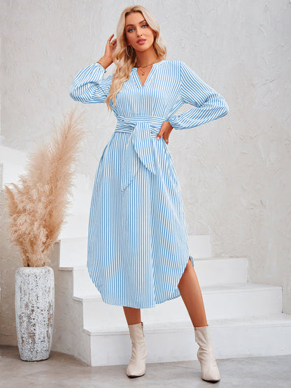 Dress- Bishop Sleeve V-Neck Striped Midi Dress with Curved Hem- - Pekosa Women Clothing