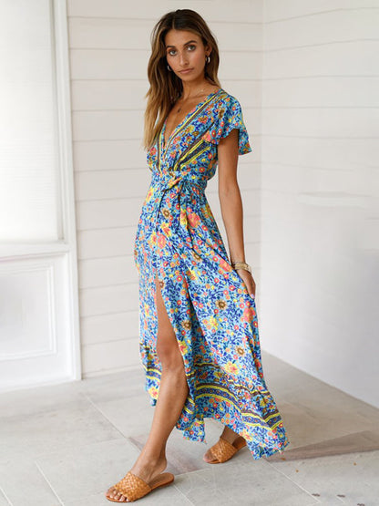 Dress- Bohemian Chic: Floral Wrap Maxi Dress with Lotus Leaf Sleeves- - Pekosa Women Clothing