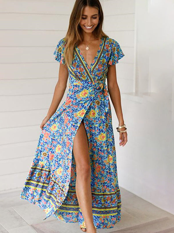 Dress- Bohemian Chic: Floral Wrap Maxi Dress with Lotus Leaf Sleeves- - Pekosa Women Clothing