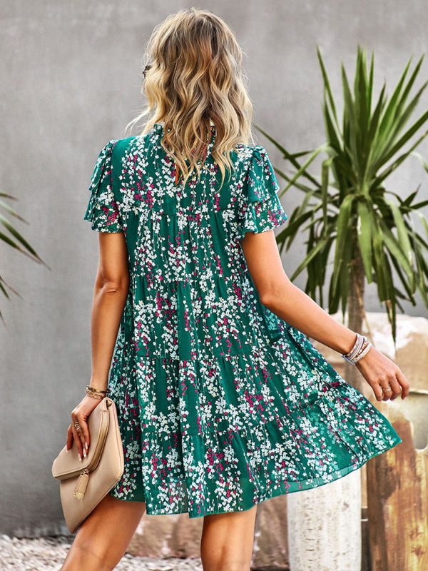 Dress- Boho-Chic Mini Dress with Butterfly Sleeves and Ruffle Details- - Pekosa Women Clothing