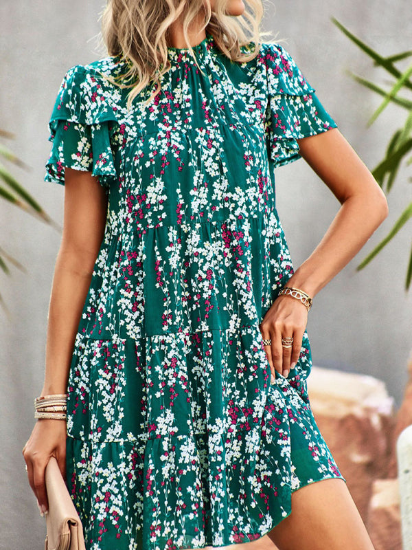 Dress- Boho-Chic Mini Dress with Butterfly Sleeves and Ruffle Details- Green- Pekosa Women Clothing