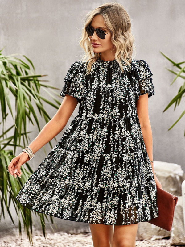 Dress- Boho-Chic Mini Dress with Butterfly Sleeves and Ruffle Details- - Pekosa Women Clothing